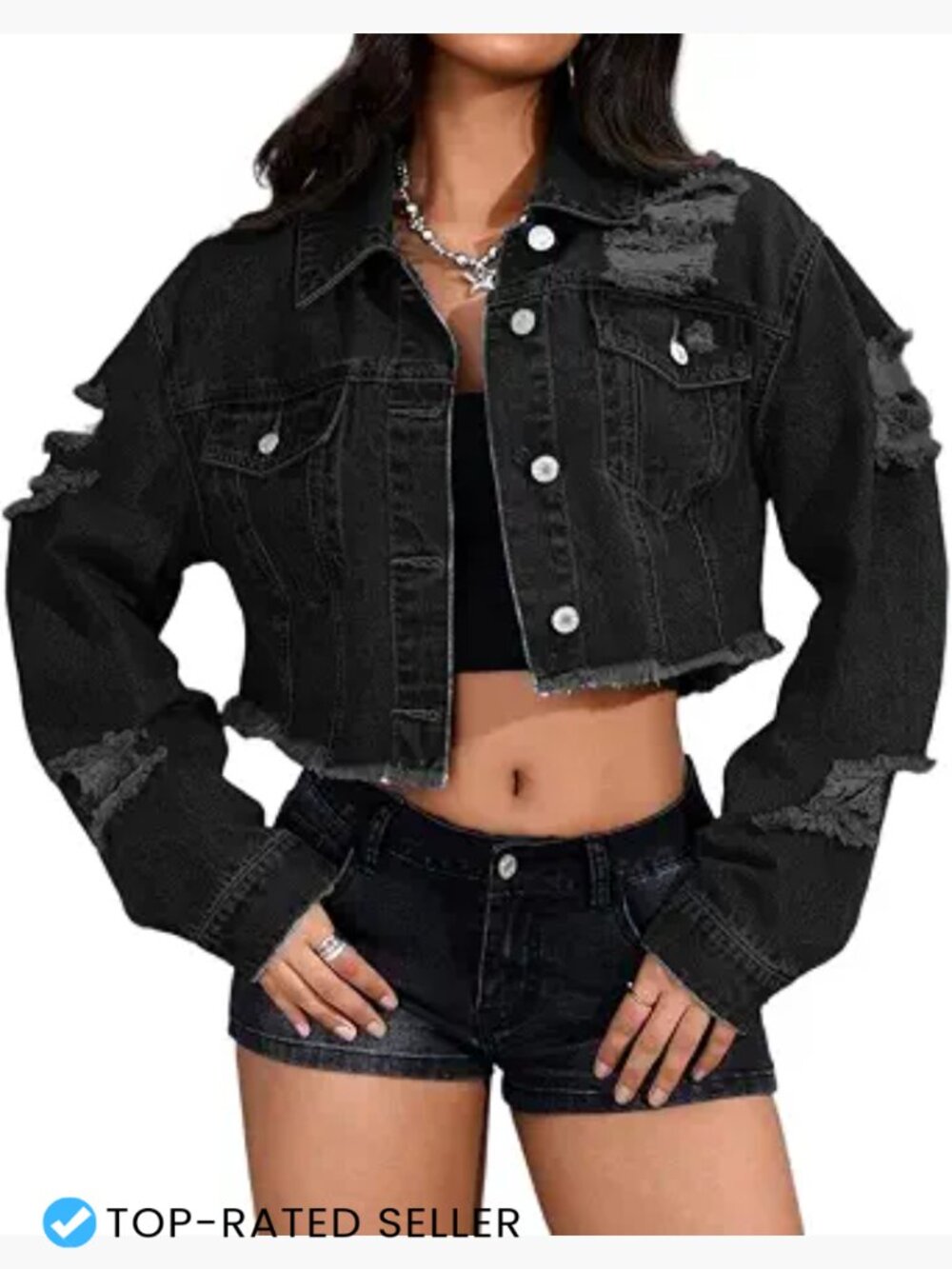 Cropped Denim Jacket Distressed Raw Hem Long Sleeve Button Down Women Casual